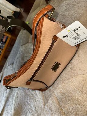 boc Beige and Brown Shoulder Bag with Front Zip Detail vegan leather. BNWT